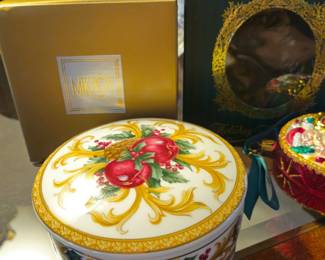 Mikasa porcelain box with pomegranate design, Waterford Santa ornaments in boxes.