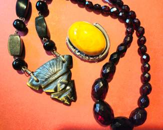 Large egg yolk and .925 brooch, root beer amber necklace, vintage Mexican onyx necklace