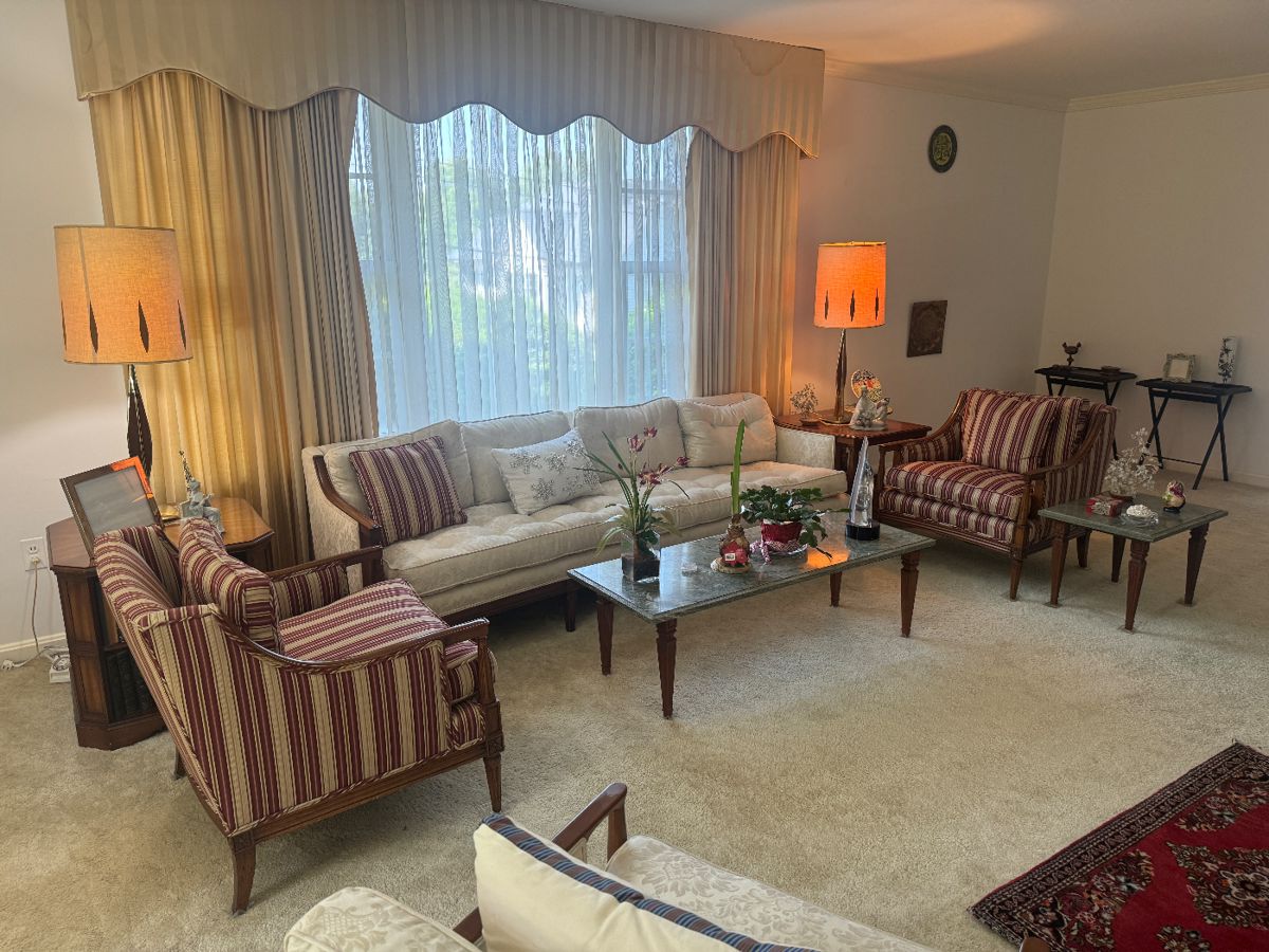 Living Room Area - Vintage Spicer's Custom Upholstered 4 Seat Sofa (31"D x 28" Back Height x 94"W) with Spicer's Custom Empire Style Upholstered Striped Armchair (30"Back Height x 31"D x 29-1/2"W) (2 Total) &
