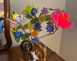 MCM McCoy Pottery Spinning Wheel with Scottie Dog & Cat & Glass Floral Lighted Lamp