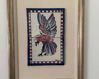 Framed Original Watercolor on Tiles of Eagle Signed Fortuna, Ofici. (16"W x 21"H)