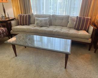 MCM Marble Topped Rectangular Coffee Table (20"W x 15"H x 51"L) & Vintage Spicer's Custom Upholstered 4 Seat Sofa (31"D x 28" Back Height x 94"W)
