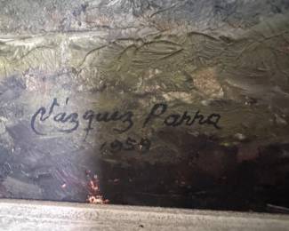 Framed Original Oil on Canvas of Women at Village Scene Signed Antonio Vazquez Parra; 1959 (23"W x 17"H)