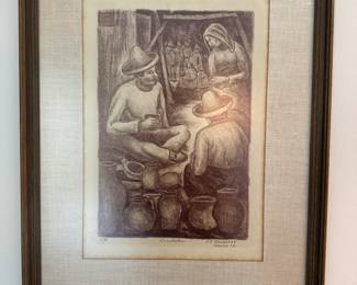 Framed Lithograph "Vendedores" Signed V.J. Genovese / Mexico '63 / Edition 8/25 (18"W x 25"H)