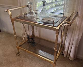 Hollywood Regency Vintage Gold Tray-Top Bar Cart (37"W x 21"D x 33"H)