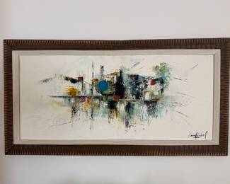 Framed Original Oil on Canvas of City Scape Signed (41"W x 21-1/2"H)