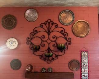 Vintage Black Iron 3 Candle Holder with Collection of Vintage Brass & Copper Plates