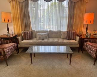 MCM Marble Topped Rectangular Coffee Table (20"W x 15"H x 51"L) & Vintage Spicer's Custom Upholstered 4 Seat Sofa (31"D x 28" Back Height x 94"W)