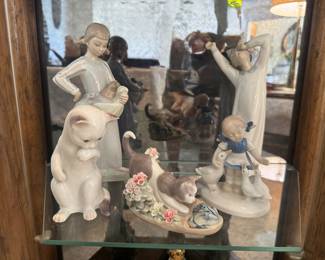 Royal Copenhagen Porcelain Cat Figurine, Lladro Porcelain Girl with Kittens Figurine, Lladro Porcelain Figurine Kitty Confrontation, Lladro Porcelain Figurine Boy Yawning & Royal Copenhagen Porcelain Girl with Goose Figurine