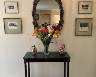 Bombay Co. Neoclassical Empire Style Marble Topped Console Table (35"W x 14"D x 29-1/2"H) & MCM Mirror (44"H x 27"W)