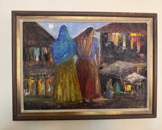 Framed Original Oil on Canvas of Women at Village Scene Signed Antonio Vazquez Parra; 1959 (23"W x 17"H)