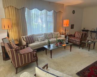 Living Room Area - Vintage Spicer's Custom Upholstered 4 Seat Sofa (31"D x 28" Back Height x 94"W) with Spicer's Custom Empire Style Upholstered Striped Armchair (30"Back Height x 31"D x 29-1/2"W) (2 Total) &