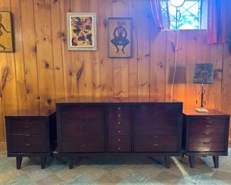Huntley Furniture MCM 9 Drawer Dresser (19"D x 58"W x 19"D) & 2 Drawer End Tables (20"W x 15"D x 26-1/2"H each)