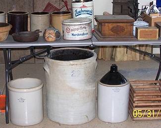 20 gal. crock, old tins, egg crate, croquet set and phonograph cabinet only