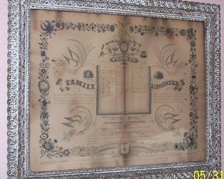 Framed marriage certificate w / family history dated 1850