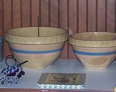 Old Michigan milk bottle, carrier, pink and blue striped bowls