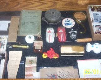 Case w / original Beatles cards, old door bell, vintage race cars, etc...