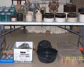 Canning jars, crocks and jugs, pot belly stove top