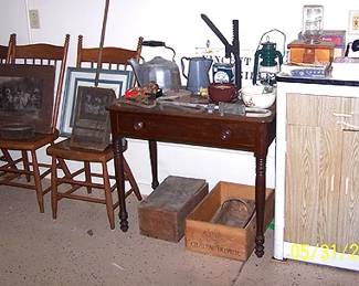 Chairs, small table, metal cabinet