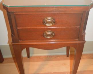 two drawer night table with protective glass top