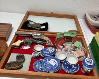 Blue Willow child’s dishes, cap guns, flower frogs, doll furniture