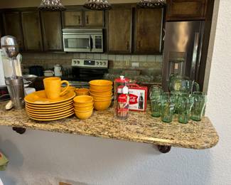 Dishwasher safe dishes, vintage Coke straw holder, Cowboy pitcher, and glasses, Hamilton Beach vintage drug store malt mixer