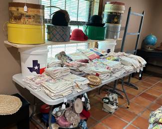 Vintage hats, hat boxes, linens
