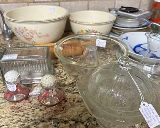 Beautiful large bowls, angel food glass cake pan, covered butter.