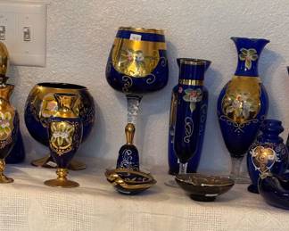 Beautiful cobalt blue and gold trimmed glassware