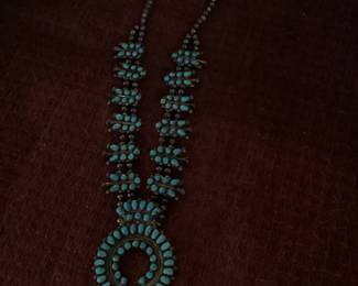 Vintage Sterling silver and turquoise squash blossom necklace. Signed by artist.