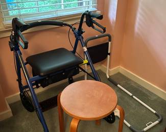 Rollator Walker with Seat/Bed Rail/Vintage Wood Stool