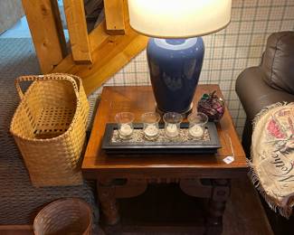 Wicker Stair Basket/Wood End Table/Blue Table Lamp