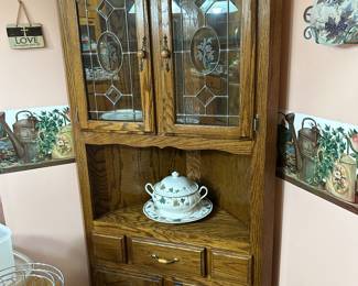 Leaded Glass Lighted Corner Cabinet