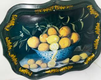 Painting of lemons by Sara Hay on Tole metal tray