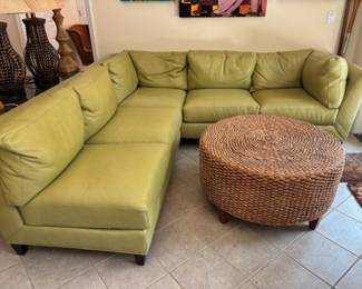 Beautiful Envision Celedon Sectional Leather Sofa - perfect condition -- Woven Coffee Table