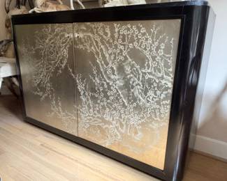 Beautiful Marble Top Server - painted branch on doors - black lacquer cabinet