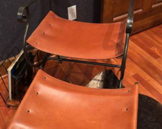 Wrought Iron and Leather Side Chair and Ottoman