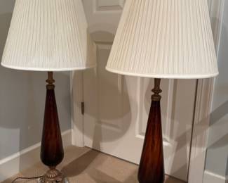 Vintage Pair of Amber Fluted Glass Lamps