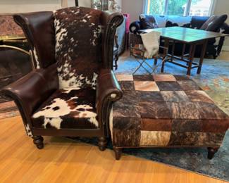 Cowhide and Leather Wingback Chair and Patchwork Cowhide Ottoman