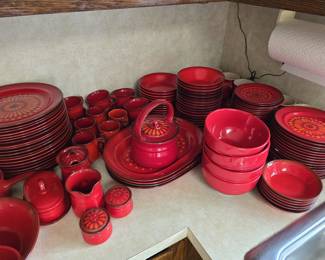 Vintage Metlox Poppytrail Medallion Red dinnerware set. 2+ full sets with all the serving dishes and extras.