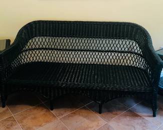 A complete suite of green wicker indoor ~ sun room ~ furniture ~ Cushions & pillows included ~1 Skirted sofa ~ 1 chair by Henry Link &3 tables ~Please see other photos for sizes