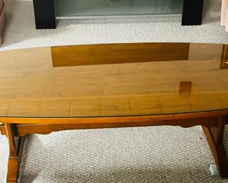 HEYWOOD ~WAKEFIELD ~ Cocktail table ~ TAH ~DAH ! Custom made glass top and foam cushioned feet have kept this elliptical "surfboard" shape in Perfect condition