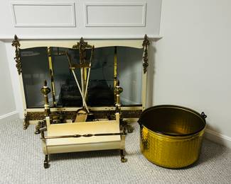RARE ~ Shabby Chic /French Provincial Cream colored fireplace ensemble ( Brass kindling holder priced separately)