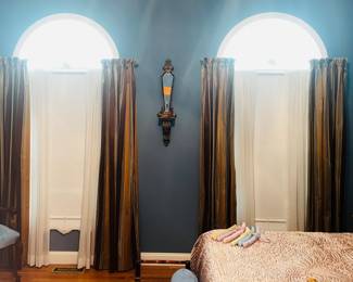 All window treatments are for sale ~ See other photos for measurements please . There are 2 windows of these fine drapes, sheers & half circle valances