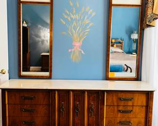 Mid Century Classic Dresser marble topped ~ Matching Mirrors with marble accents
