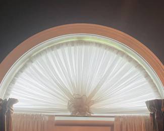 All window treatments are for sale ~ See other photos for measurements please . There are 2 windows of these half circle sheers
