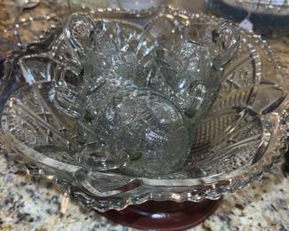 This is the prettiest smoky grey American Brilliant Cut glass punch bowl and it has its cups!