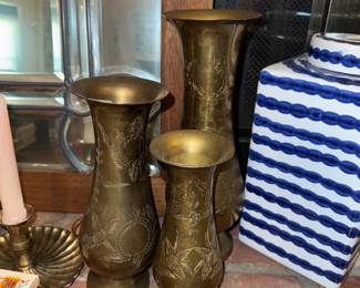 Trio of brass vases