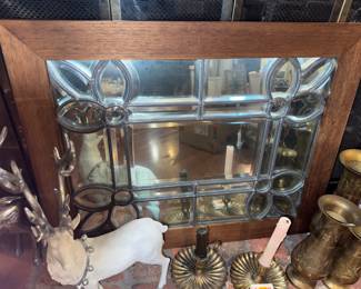 Leaded glass mirror with primitive wood frame