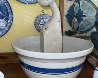 Giant blue banded crock and a kitty